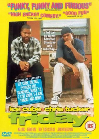 DVD cover for the 1995 comedy film "Friday" starring Ice Cube and Chris Tucker.