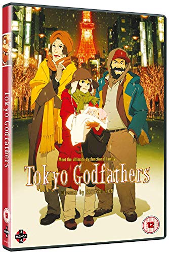 Tokyo Godfathers" DVD cover featuring three figures and a baby in front of Tokyo Tower.
