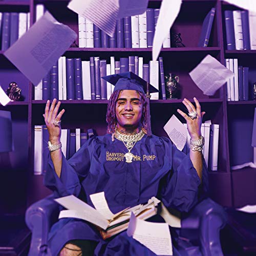 Lil Pump in graduation gown, surrounded by books and falling papers.