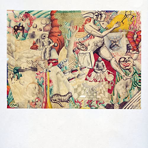 Surreal collage album cover with figures, animals, and abstract shapes.