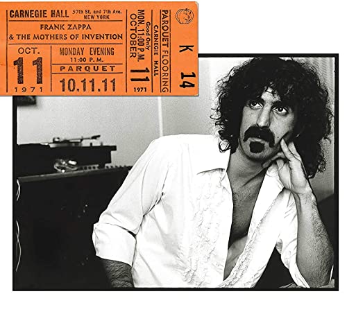 Frank Zappa portrait with a vintage Carnegie Hall ticket overlay.