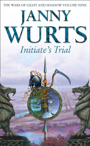 Fantasy book cover with a shield, sword, helmet and two stone statues.