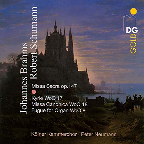 CD cover featuring a gothic cathedral at sunset, composers Brahms and Schumann.