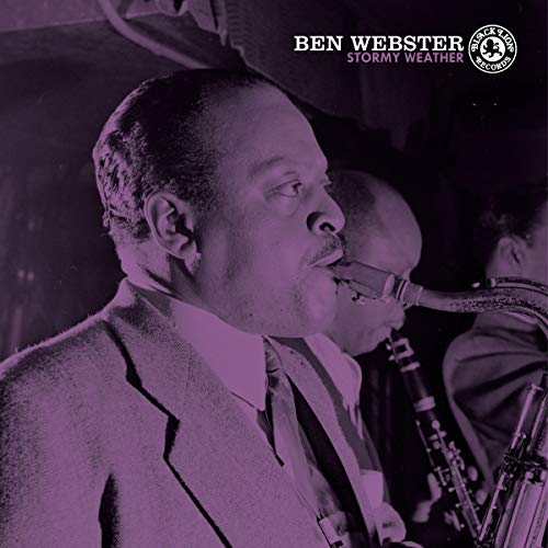 Ben Webster playing saxophone, portrait from album cover “Stormy Weather”.