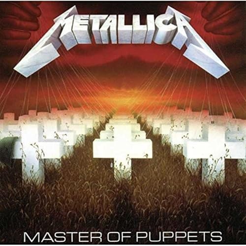 Metallica’s “Master of Puppets” album cover with puppet hands and crosses.