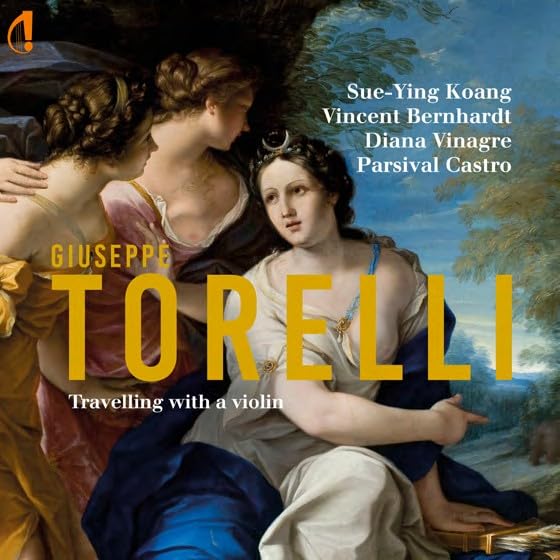 CD cover featuring classical painting and text: "Giuseppe Torelli, Travelling with a Violin".