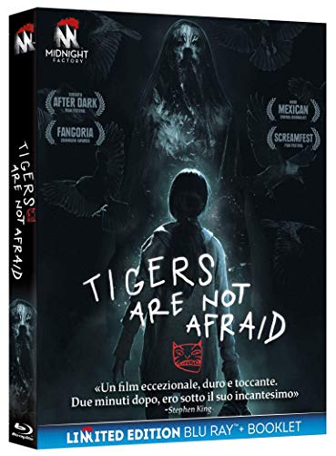 Blu-ray cover for "Tigers Are Not Afraid" featuring a ghostly figure and child.