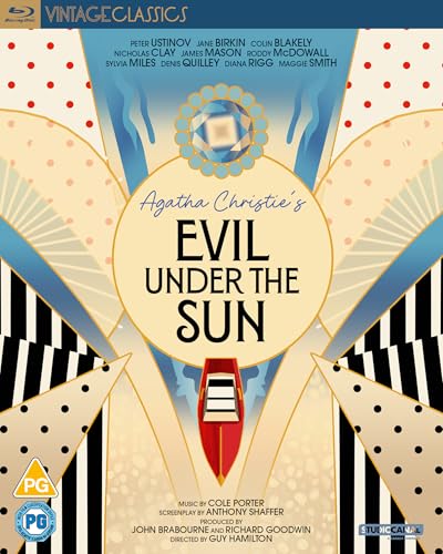 Blu-ray cover for "Evil Under The Sun" with a boat and art deco design.