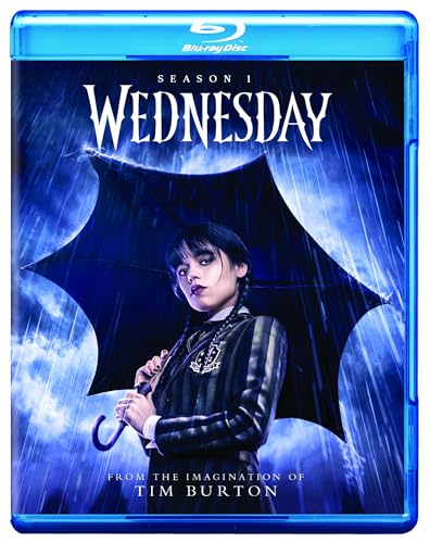 “Wednesday” Blu-ray case featuring Jenna Ortega as Wednesday Addams with an umbrella.