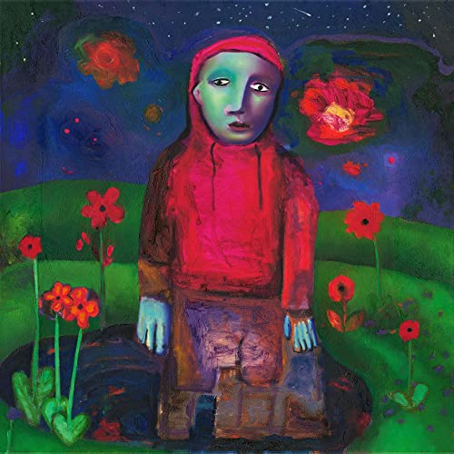 Painted portrait of a young woman in red, kneeling in a field.