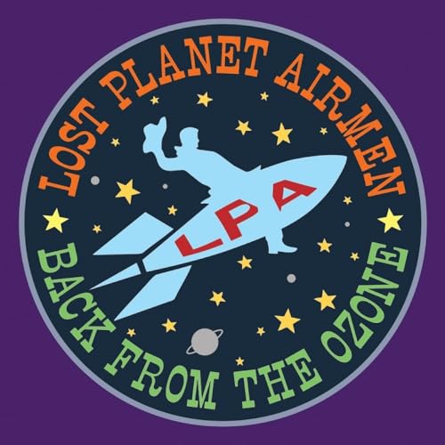 Circular album cover with a rocket ship and pilot in space.