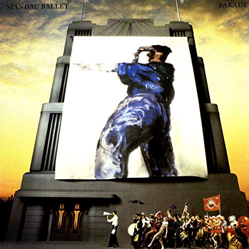 Spandau Ballet’s “Parade” album cover: a man in blue before a large screen.