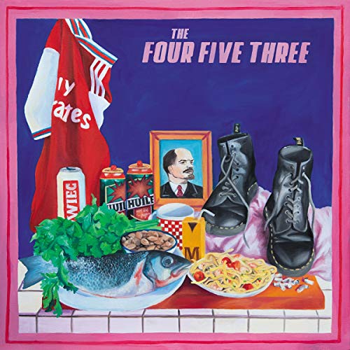 CD cover: still life with food, portrait, and boots on a table.