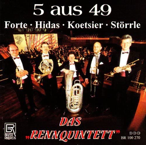 CD cover: Five musicians with brass instruments before an orchestra.