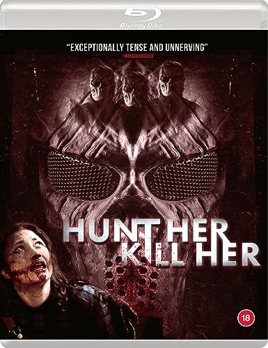 Blu-ray cover for horror film "Hunt Her Kill Her" with masked figures.