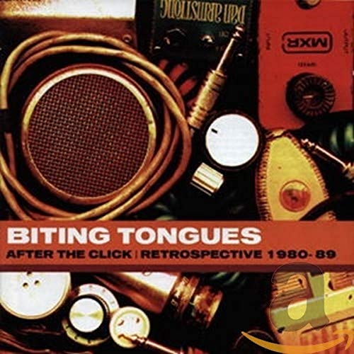 CD cover for “Biting Tongues” with microphone and audio equipment.