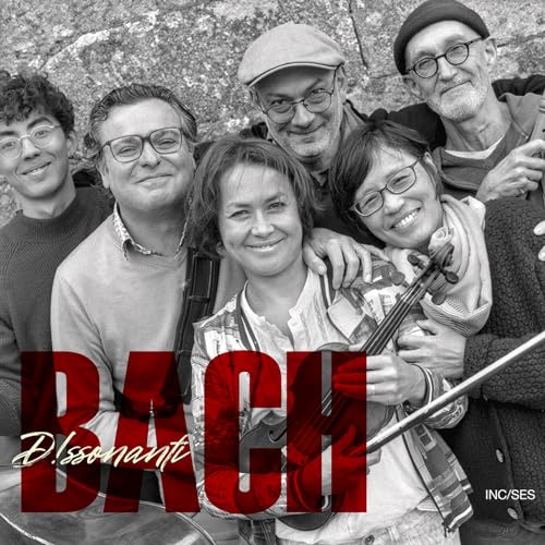 Black and white photo of five musicians with the word “BACH” in red.