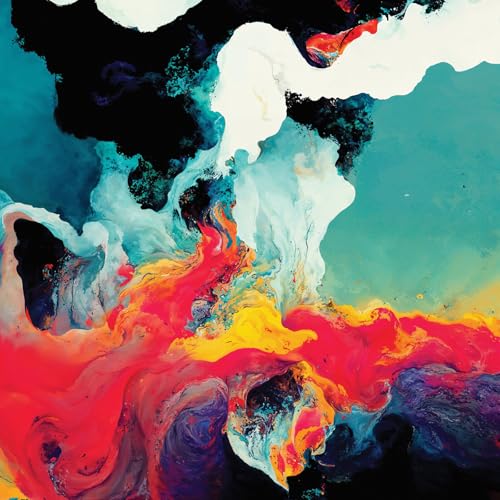 Abstract paint swirls in red, blue, white, and yellow tones.