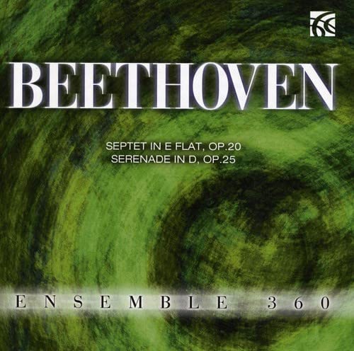 CD cover for Beethoven’s Septet and Serenade, green abstract background.