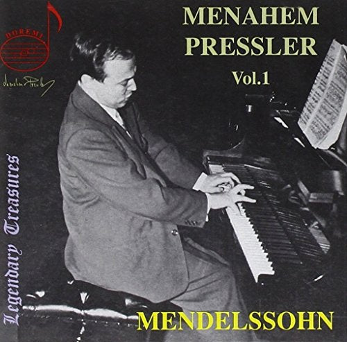Black and white CD cover featuring pianist Menahem Pressler at a piano.