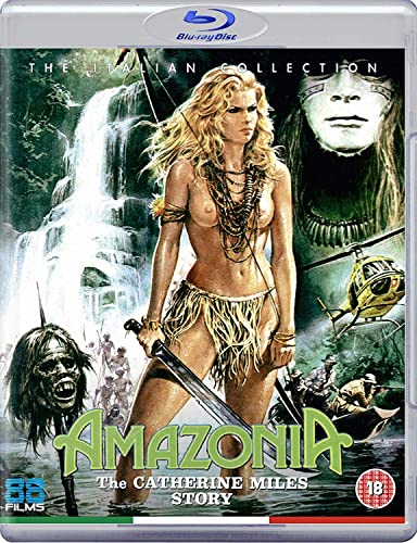 Blu-ray cover for "Amazonia" featuring a woman with a sword in a jungle setting.