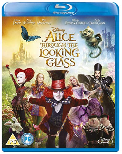 Alice Through the Looking Glass" Blu-ray cover with characters and a fantastical landscape.