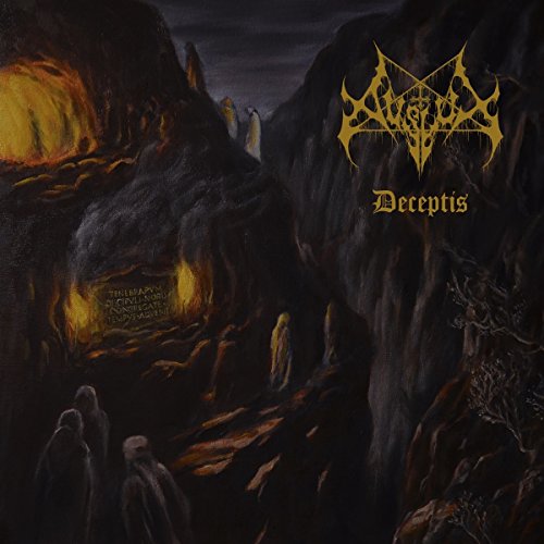 Dark album cover with figures, flames, and the band name "Avslut - Deceptis".