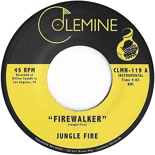 Black and gold 7-inch vinyl record label with "Firewalker" text and logo.