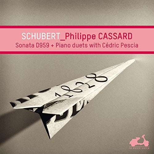CD cover for Schubert sonata and piano duets, with paper airplane.