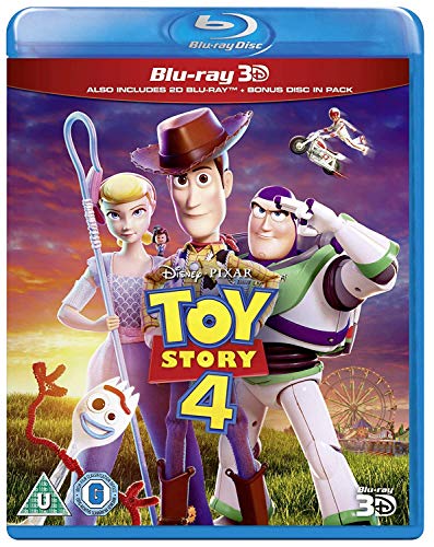 Toy Story 4 Blu-ray cover featuring Woody, Buzz, and other characters.