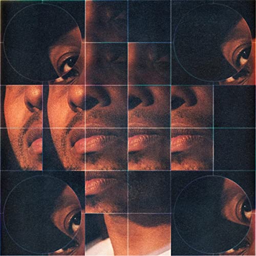 Close-up of a person’s face fragmented into a grid of circular and square sections.