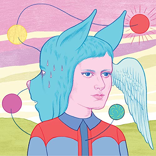Illustration of a woman with animal features, sun, and planets.