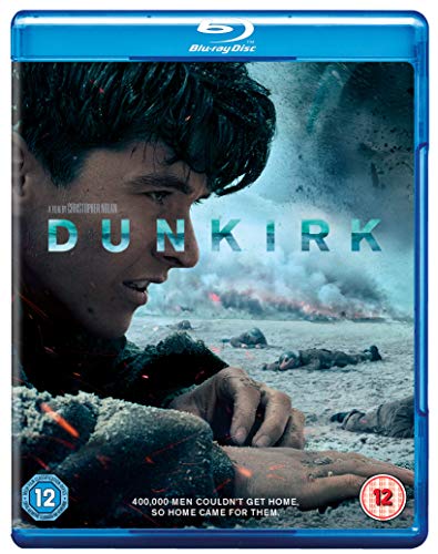 “Dunkirk” Blu-ray cover featuring a young soldier amidst wartime chaos.