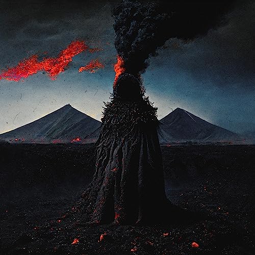 Volcanic eruption with fiery lava against a dark, mountainous landscape.