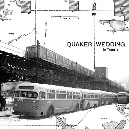 Black and white album cover featuring a train over buses, map background.