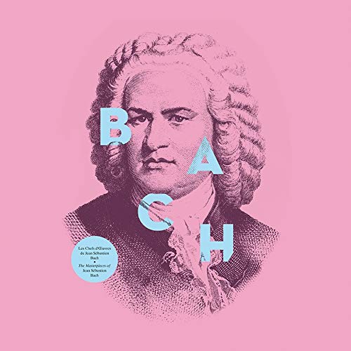 Portrait of Johann Sebastian Bach with large, blue “BACH” lettering.