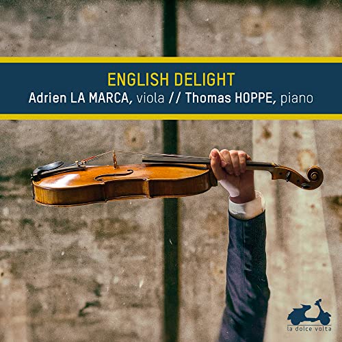 CD cover: hand holding viola against a textured grey wall.