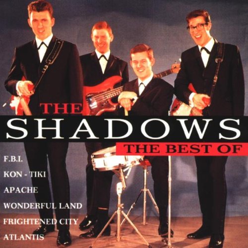 The Shadows band members in suits with instruments, album cover art.