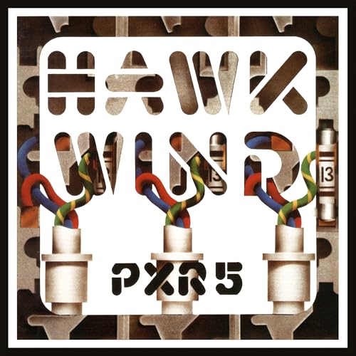 Hawkwind PXR 5 album cover: white letters, wires, and plugs on orange.