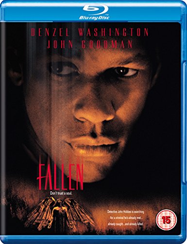Fallen" Blu-ray cover featuring Denzel Washington’s intense close-up and shadowy wings.
