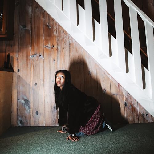 Woman with long dark hair kneels on a green carpet by stairs.