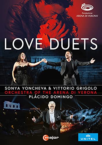 DVD cover for "Love Duets" featuring opera singers and orchestra.