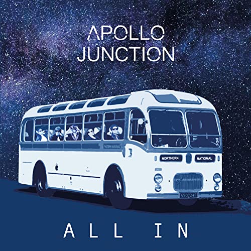 Album cover: white bus with people, starry night sky, text "Apollo Junction All In".