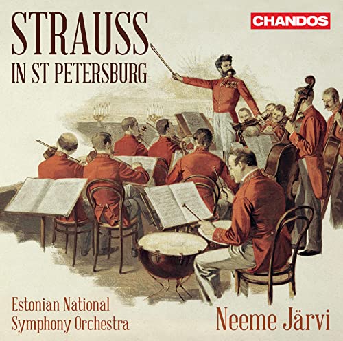CD cover depicting an orchestra with conductor, titled “Strauss in St Petersburg”.