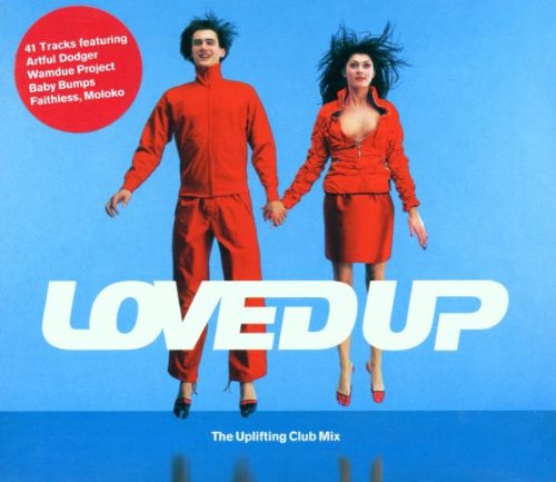 CD cover: couple in red tracksuits jumping against a blue sky.