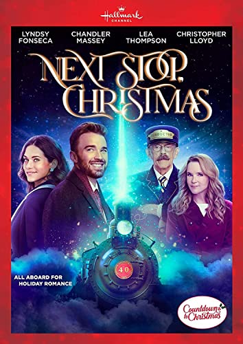 Next Stop Christmas" DVD cover featuring actors, a train, and snowy scenery.