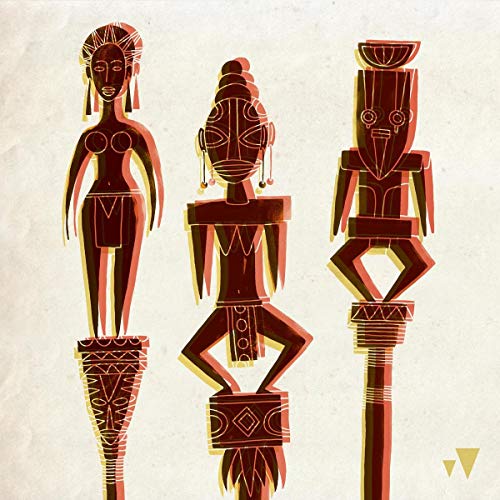 Stylized illustration of three figures with African-inspired designs on a beige background.