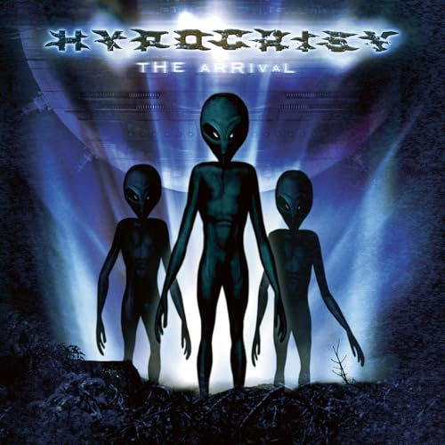 Album cover for Hypocrisy’s “The Arrival” featuring three grey aliens.