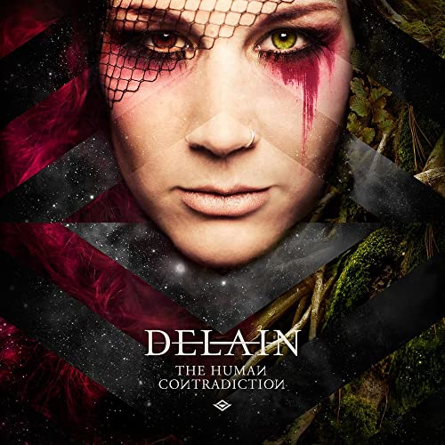 Close-up of a woman’s face with dramatic makeup and geometric designs.