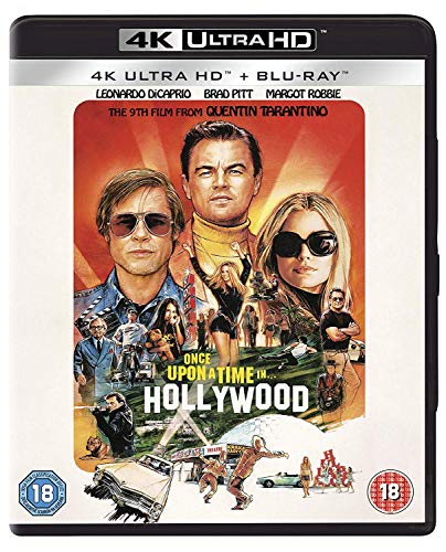 “Once Upon a Time in Hollywood” Blu-ray case featuring DiCaprio, Pitt, and Robbie.